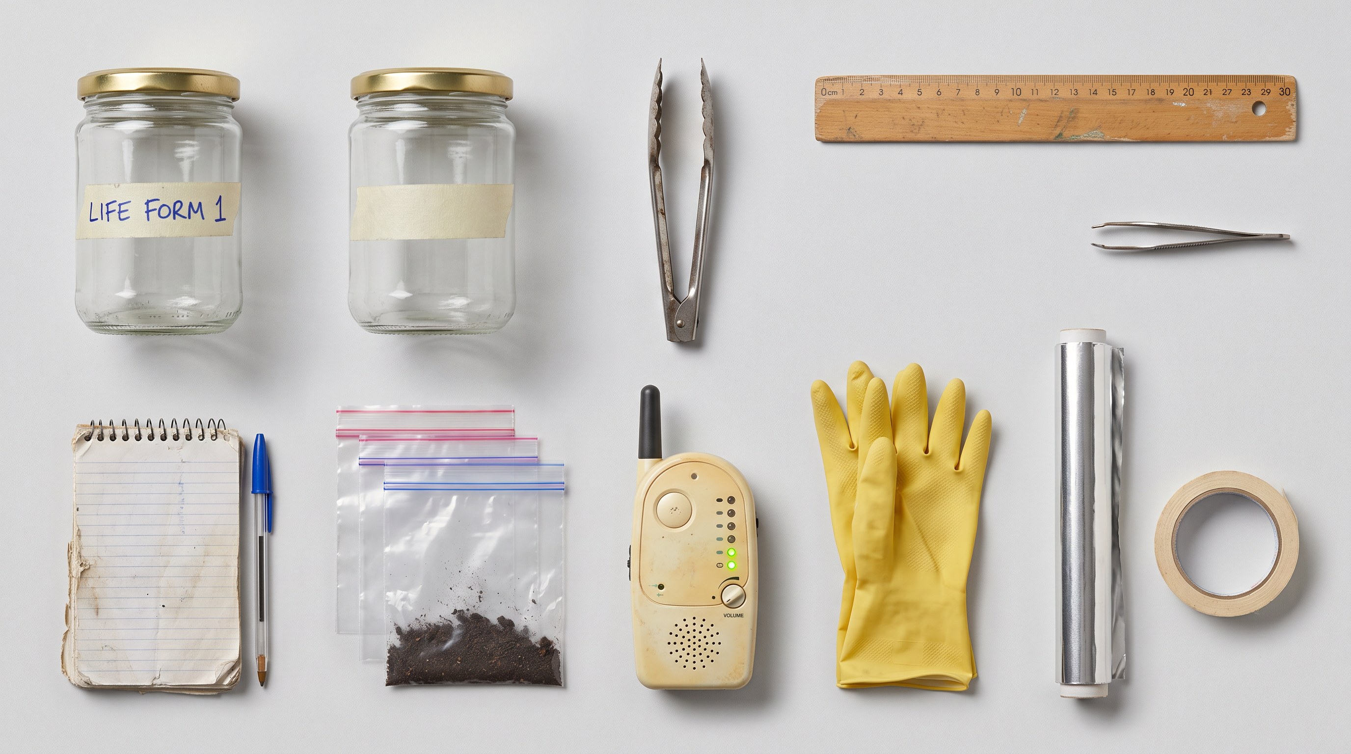 Field-kit prop flatlay — jars, tweezers, walkie-talkie, gloves