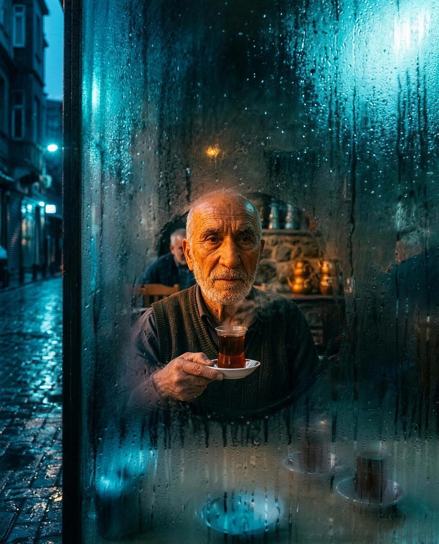 Yaşlı adam yağmurlu camda çay içiyor — sinematik AI portre